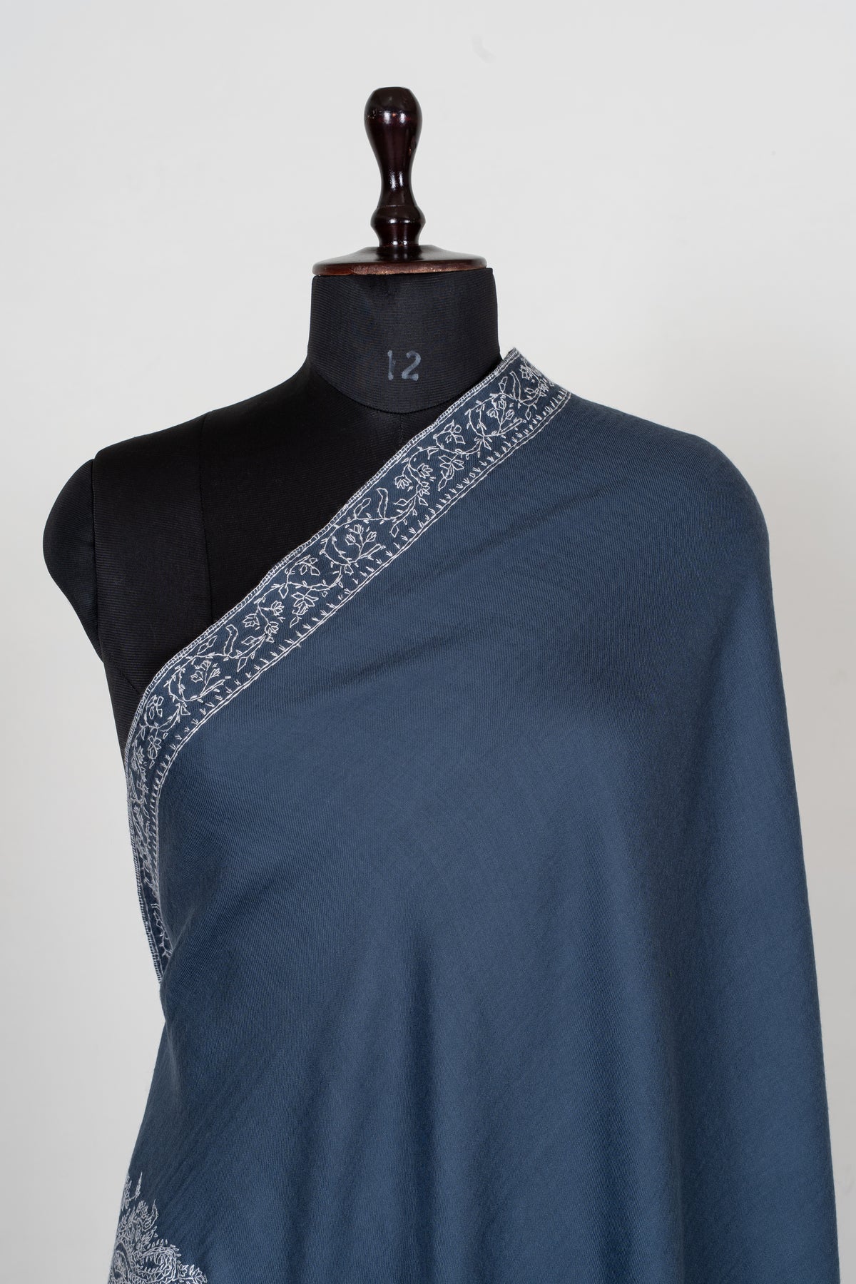 Slate Blue Elegance Fine Merino Wool Shawl with Silver Sozni Hand Embroidered Paisleys