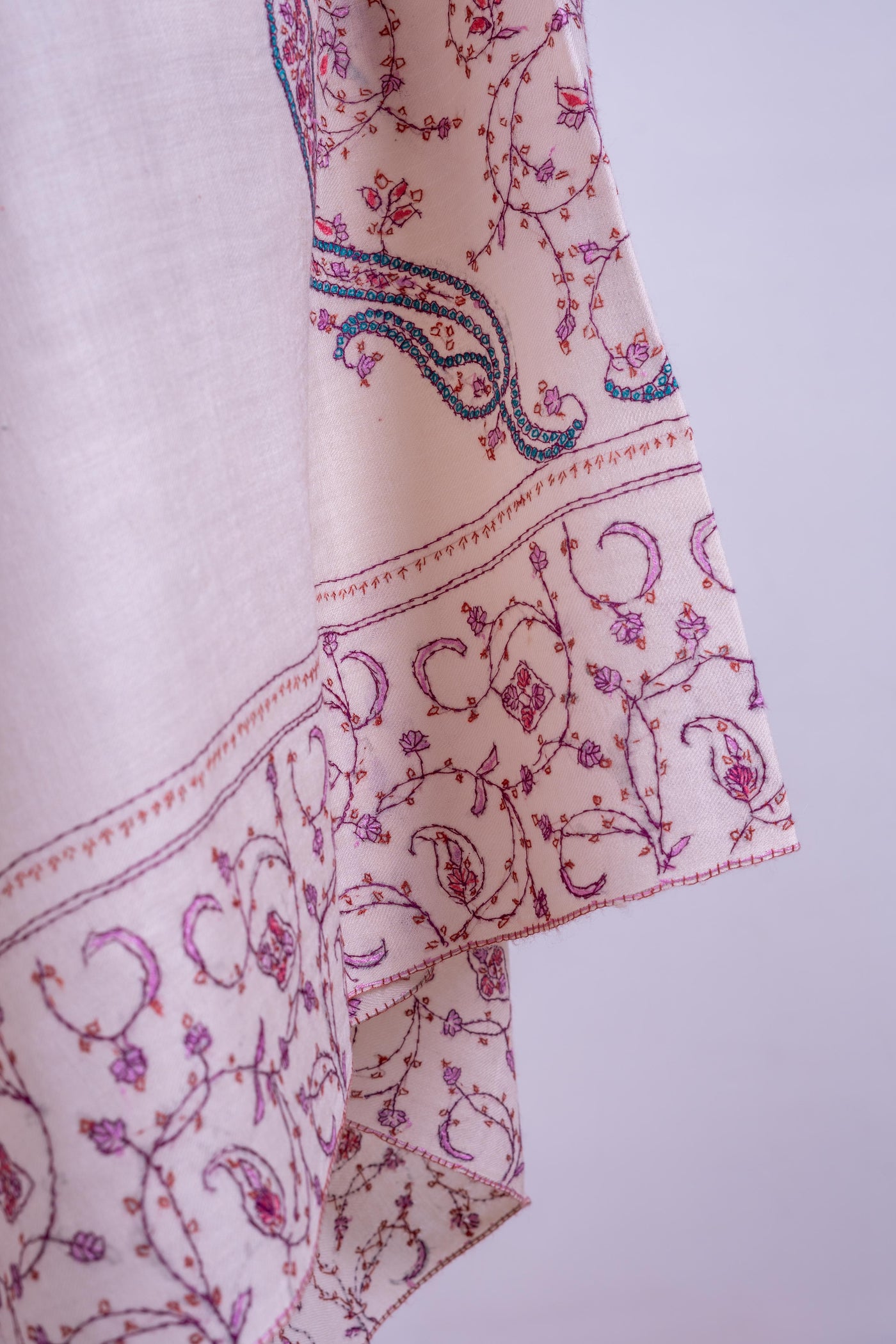 Blossoming Ivory - Merino Wool Shawl with Hand-Embroidered Sozni Motifs