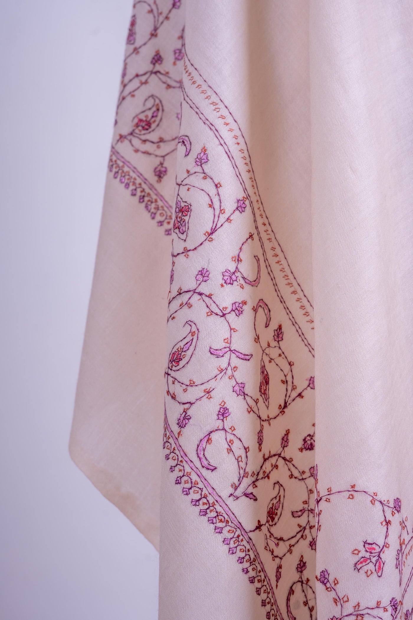 Blossoming Ivory - Merino Wool Shawl with Hand-Embroidered Sozni Motifs