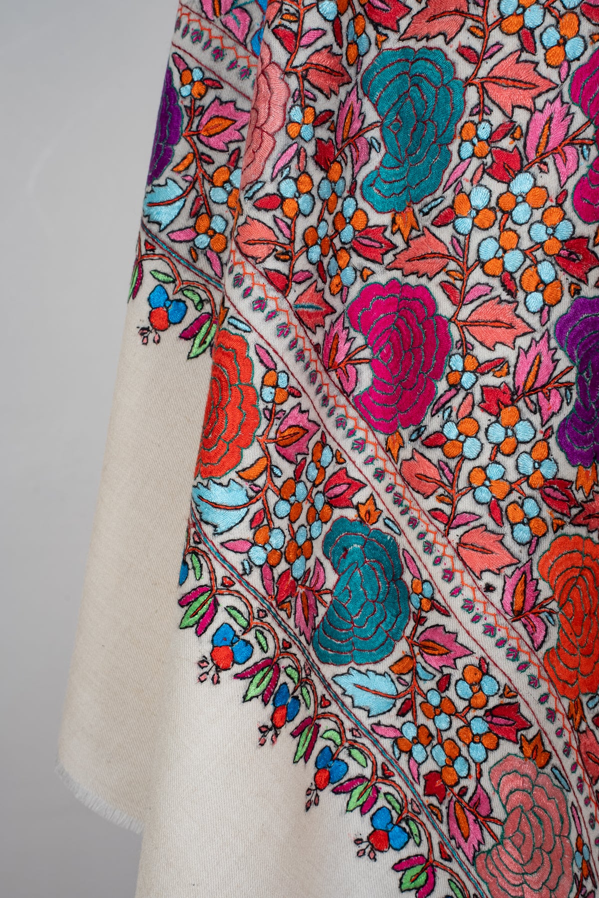 Blossom Carnival Hand Embroidered Papier Mache Pure Pashmina Shawl