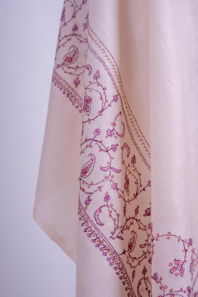 Blossoming Ivory - Merino Wool Shawl with Hand-Embroidered Sozni Motifs