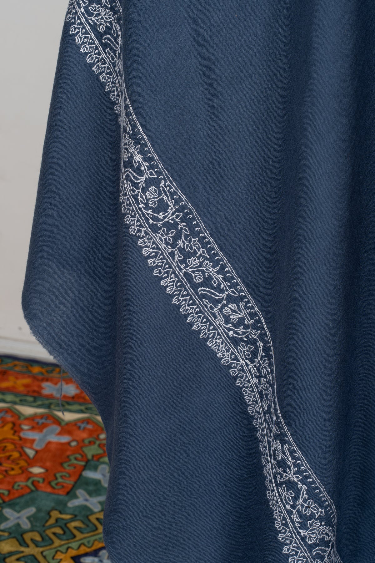 Slate Blue Elegance Fine Merino Wool Shawl with Silver Sozni Hand Embroidered Paisleys