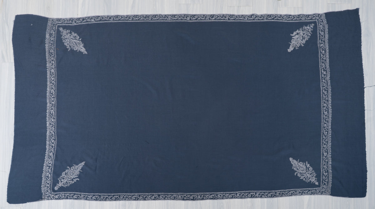 Slate Blue Elegance Fine Merino Wool Shawl with Silver Sozni Hand Embroidered Paisleys