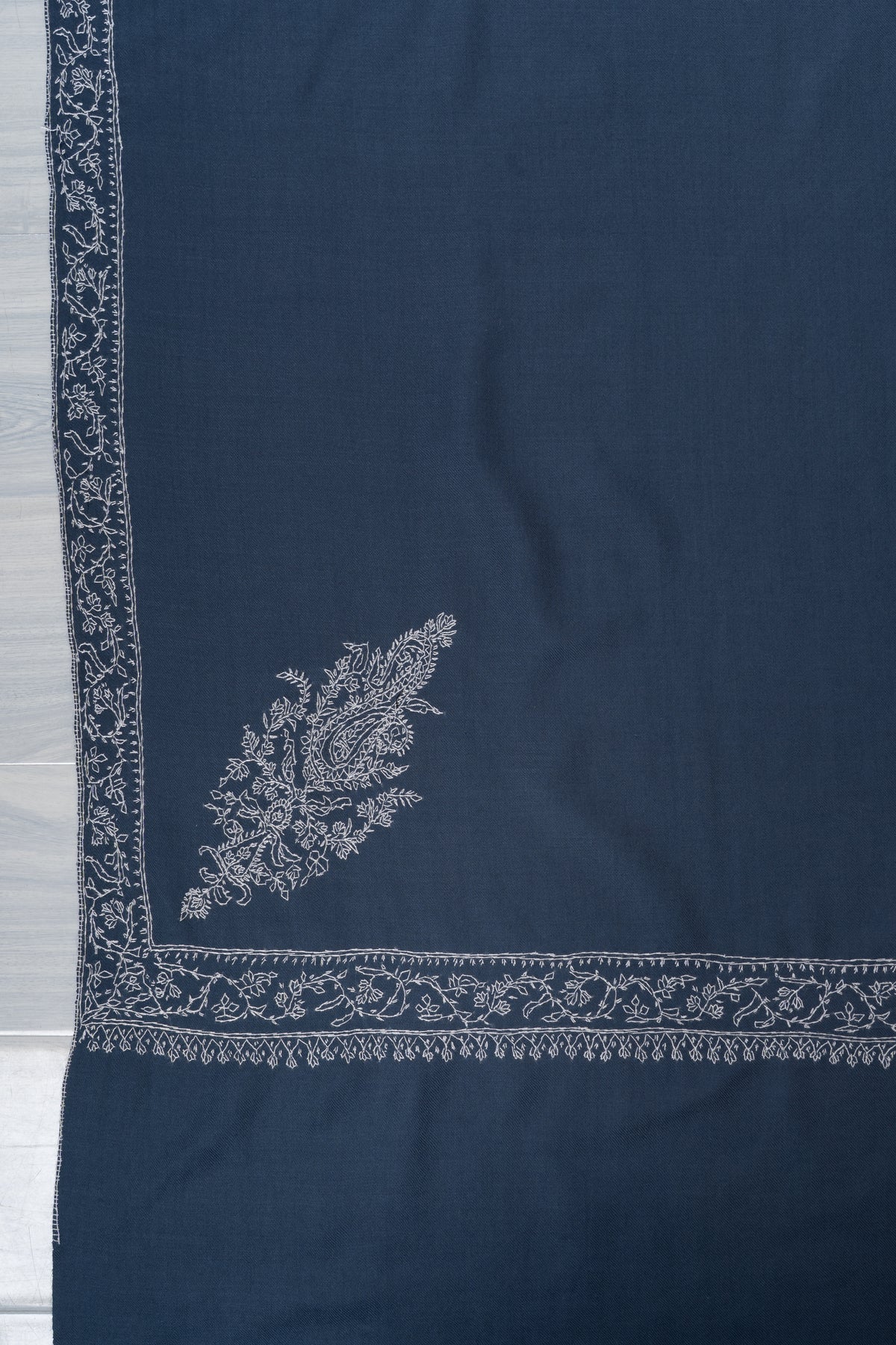 Slate Blue Elegance Fine Merino Wool Shawl with Silver Sozni Hand Embroidered Paisleys