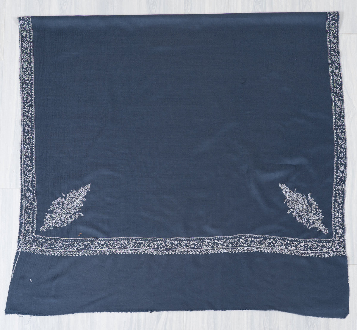 Slate Blue Elegance Fine Merino Wool Shawl with Silver Sozni Hand Embroidered Paisleys