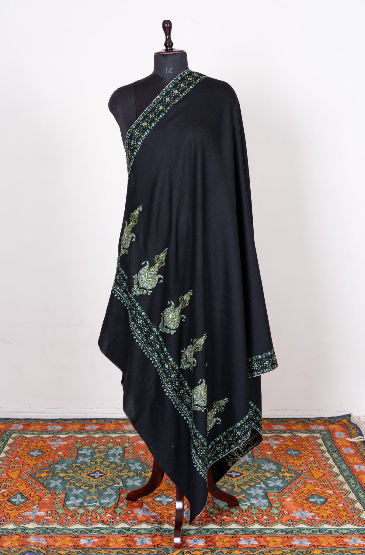 Midnight Peacock Fine Merino Wool Shawl with Multicolored Sozni Hand Embroidered Paisleys
