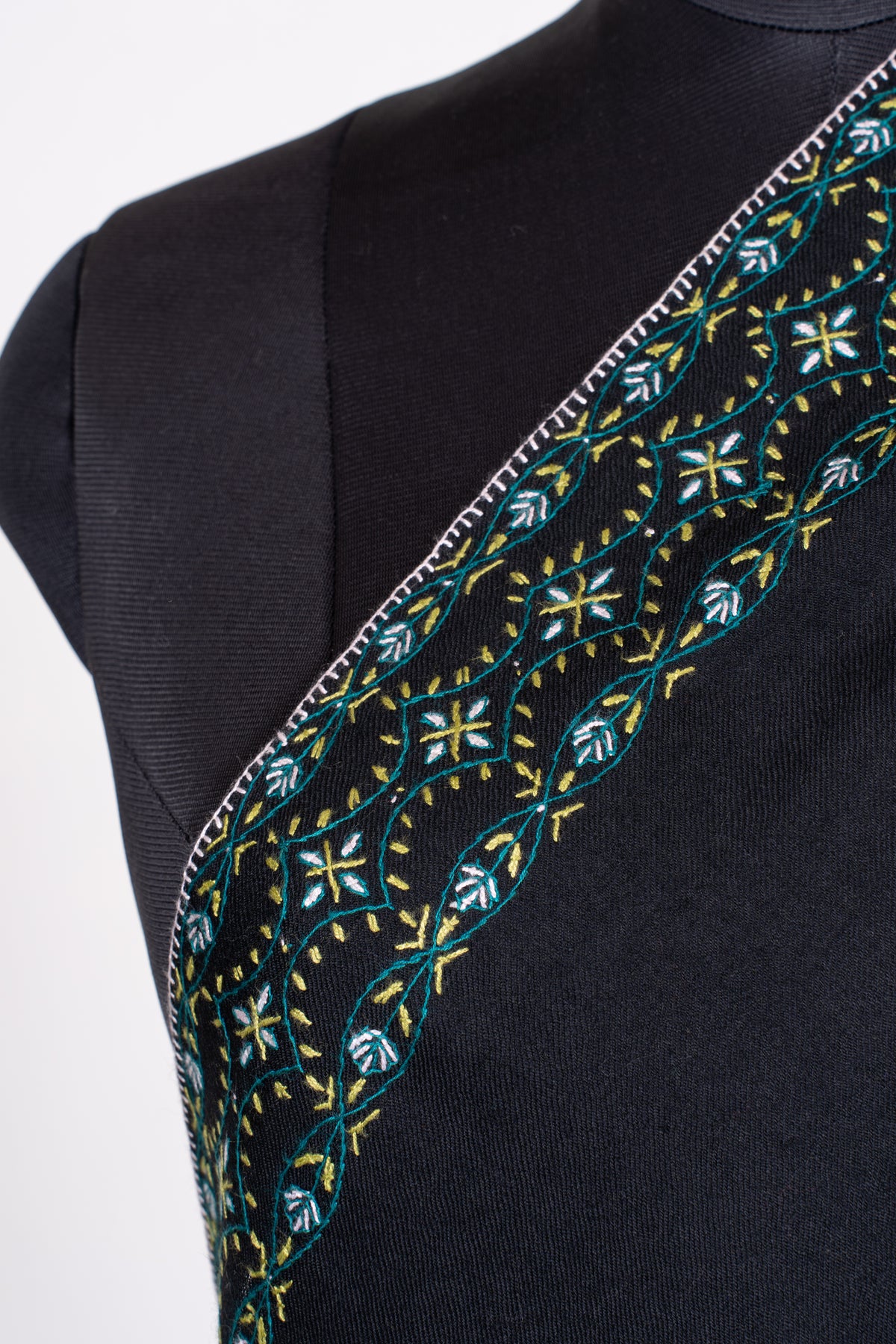 Midnight Peacock Fine Merino Wool Shawl with Multicolored Sozni Hand Embroidered Paisleys