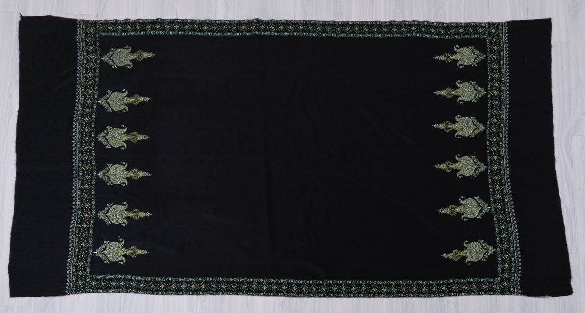 Midnight Peacock Fine Merino Wool Shawl with Multicolored Sozni Hand Embroidered Paisleys