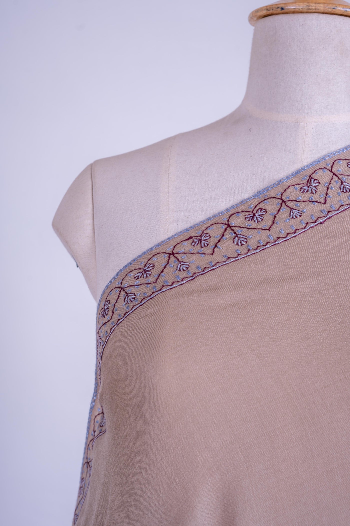 Beige Serenity - Merino Wool Hand-Embroidered Sozni Shawl