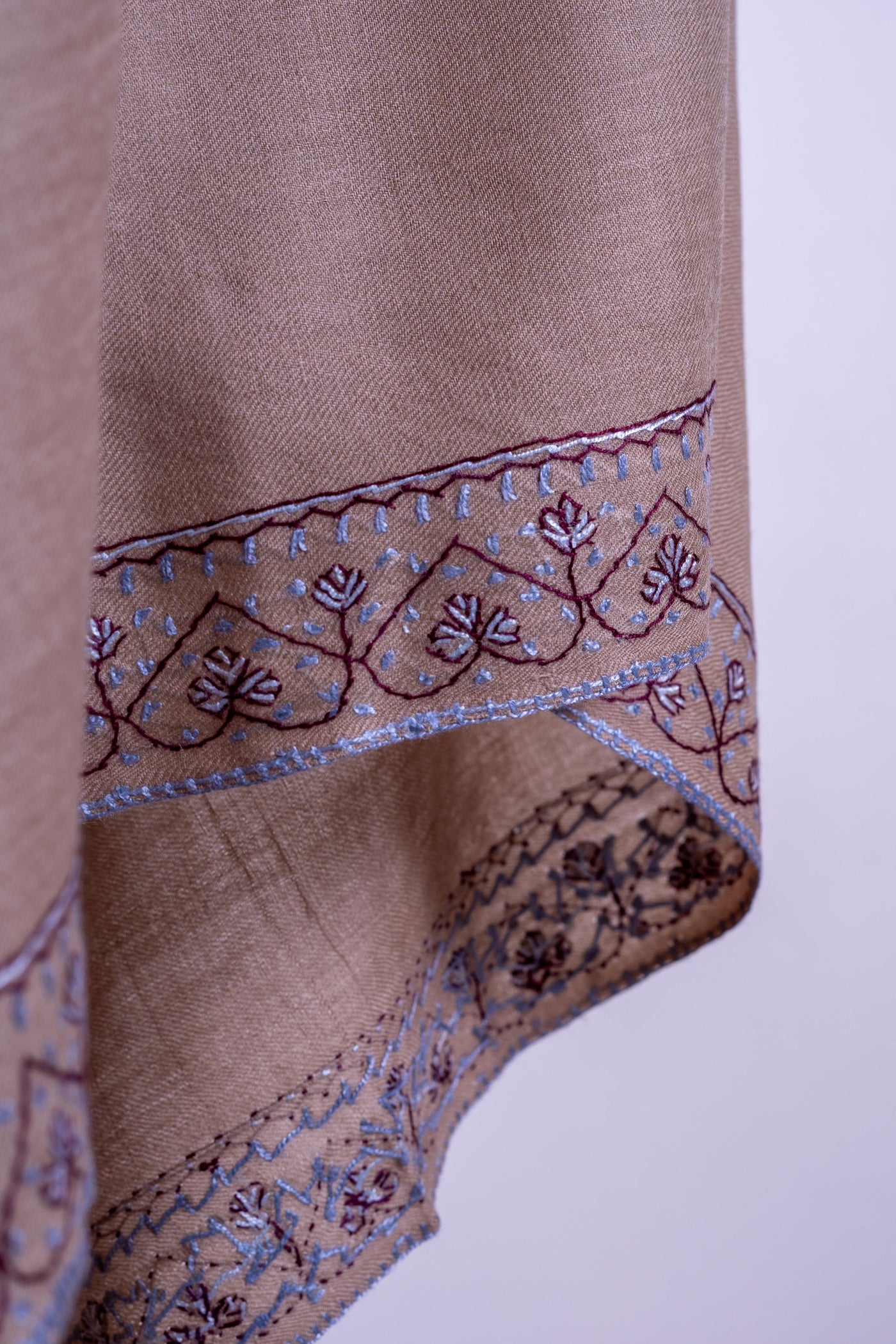 Beige Serenity - Merino Wool Hand-Embroidered Sozni Shawl