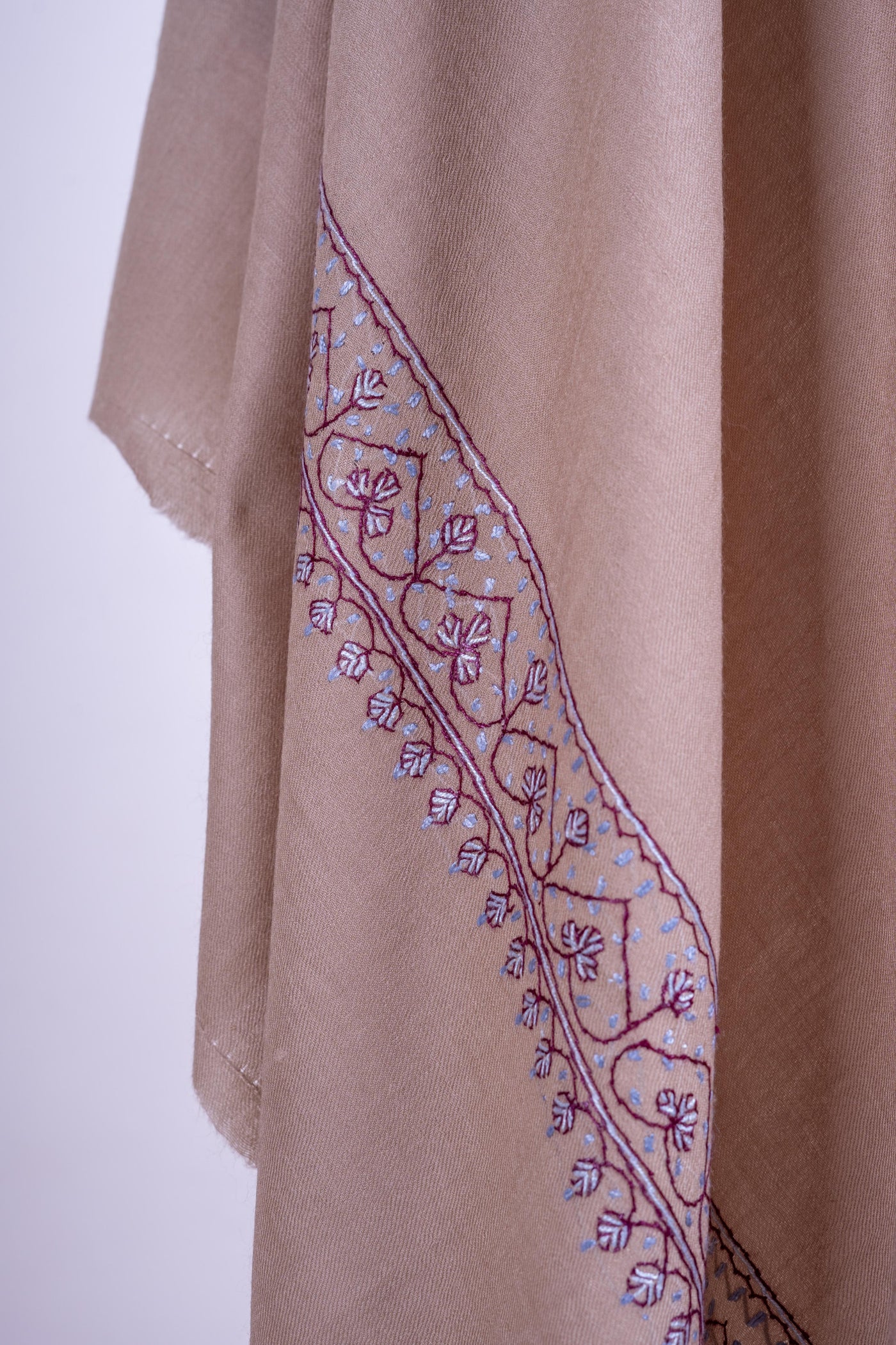 Beige Serenity - Merino Wool Hand-Embroidered Sozni Shawl