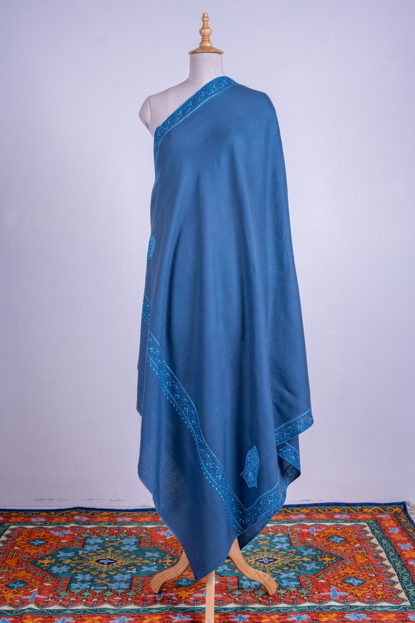 Oceanic Bliss - Merino Wool Shawl with Hand-Embroidered Sozni Detailing