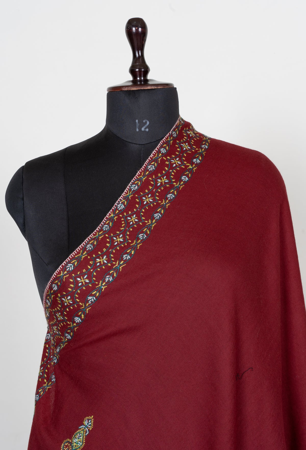Ruby Heritage Fine Merino Wool Shawl with Sozni Hand Embroidered Ornamental Paisleys