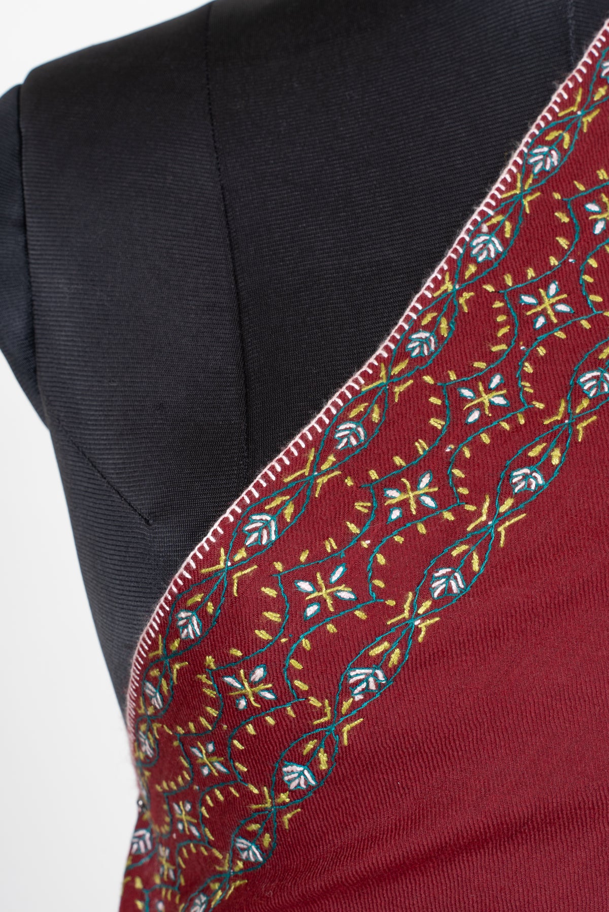 Ruby Heritage Fine Merino Wool Shawl with Sozni Hand Embroidered Ornamental Paisleys