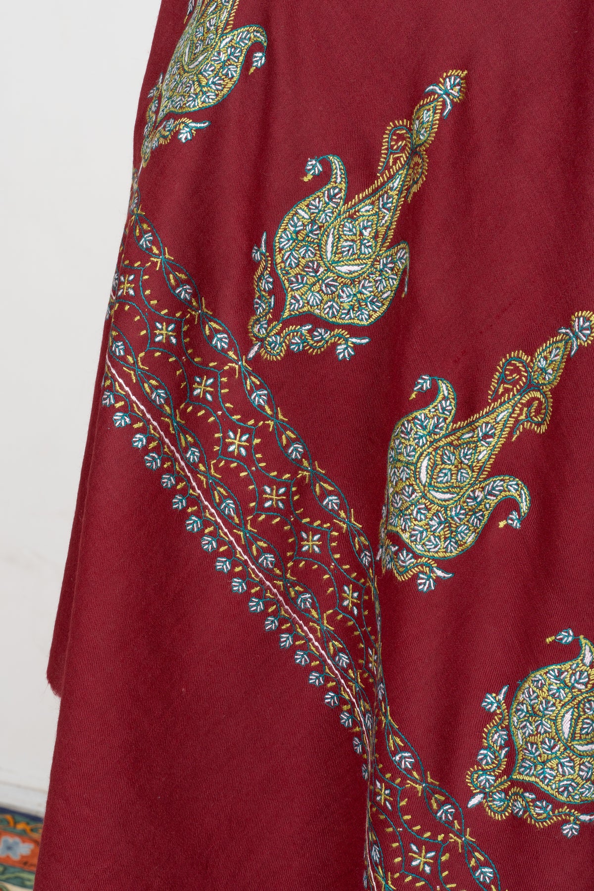 Ruby Heritage Fine Merino Wool Shawl with Sozni Hand Embroidered Ornamental Paisleys