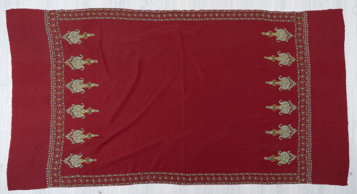 Ruby Heritage Fine Merino Wool Shawl with Sozni Hand Embroidered Ornamental Paisleys
