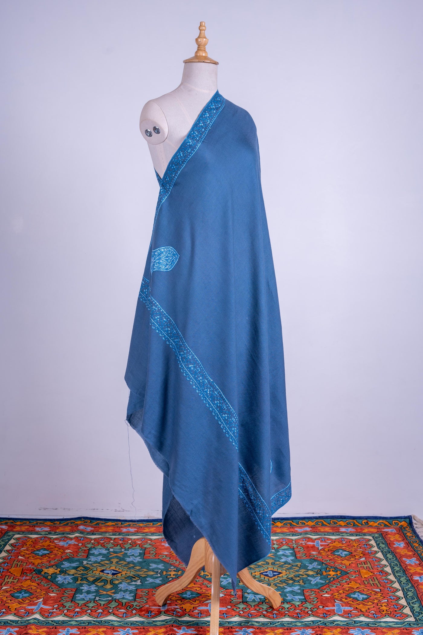 Oceanic Bliss - Merino Wool Shawl with Hand-Embroidered Sozni Detailing