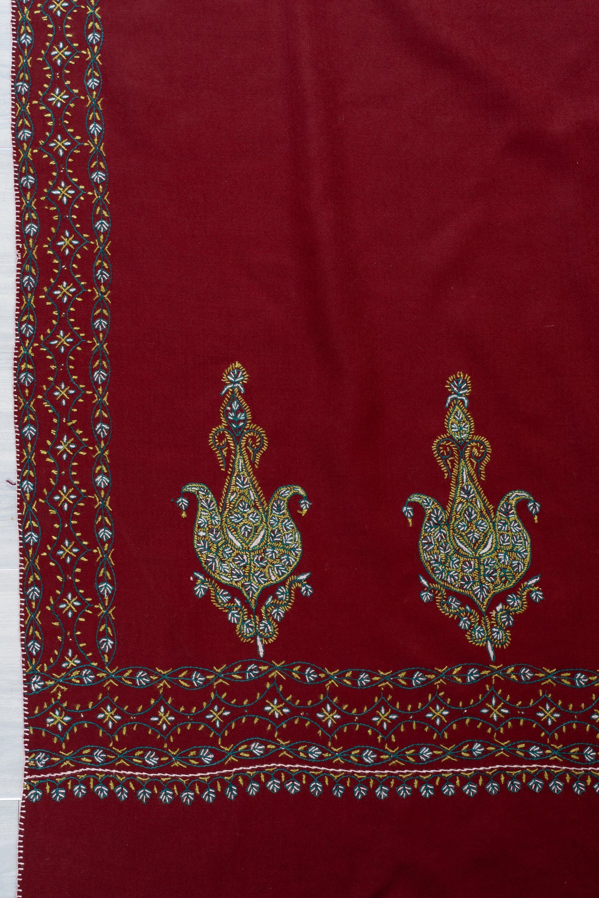 Ruby Heritage Fine Merino Wool Shawl with Sozni Hand Embroidered Ornamental Paisleys