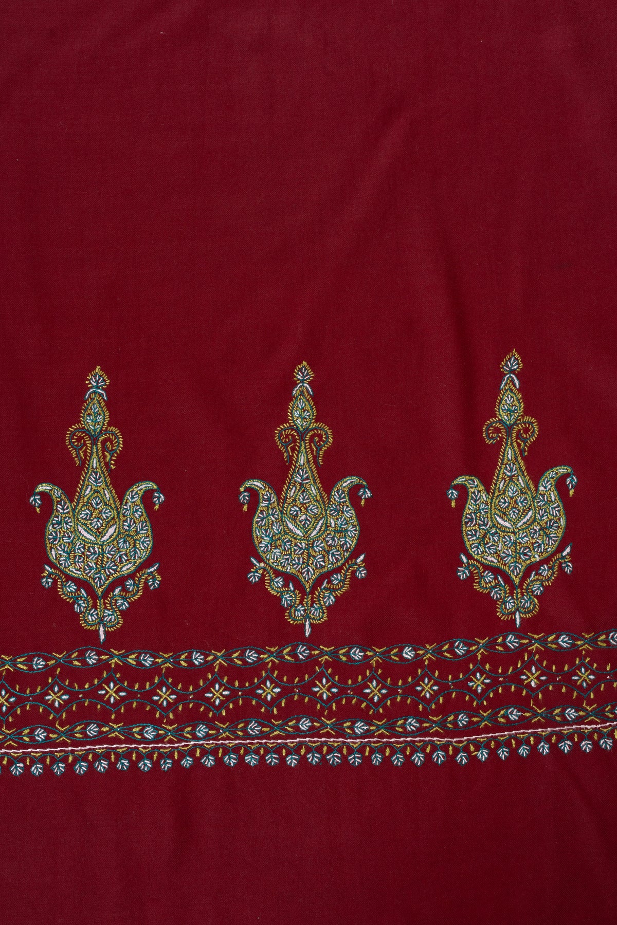 Ruby Heritage Fine Merino Wool Shawl with Sozni Hand Embroidered Ornamental Paisleys