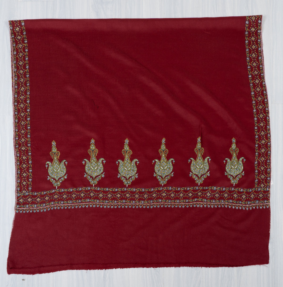 Ruby Heritage Fine Merino Wool Shawl with Sozni Hand Embroidered Ornamental Paisleys