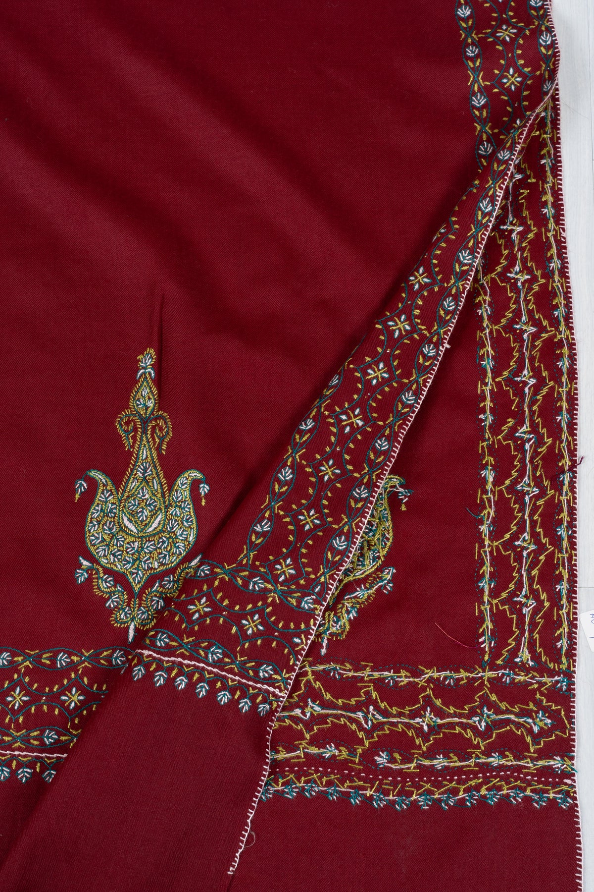 Ruby Heritage Fine Merino Wool Shawl with Sozni Hand Embroidered Ornamental Paisleys