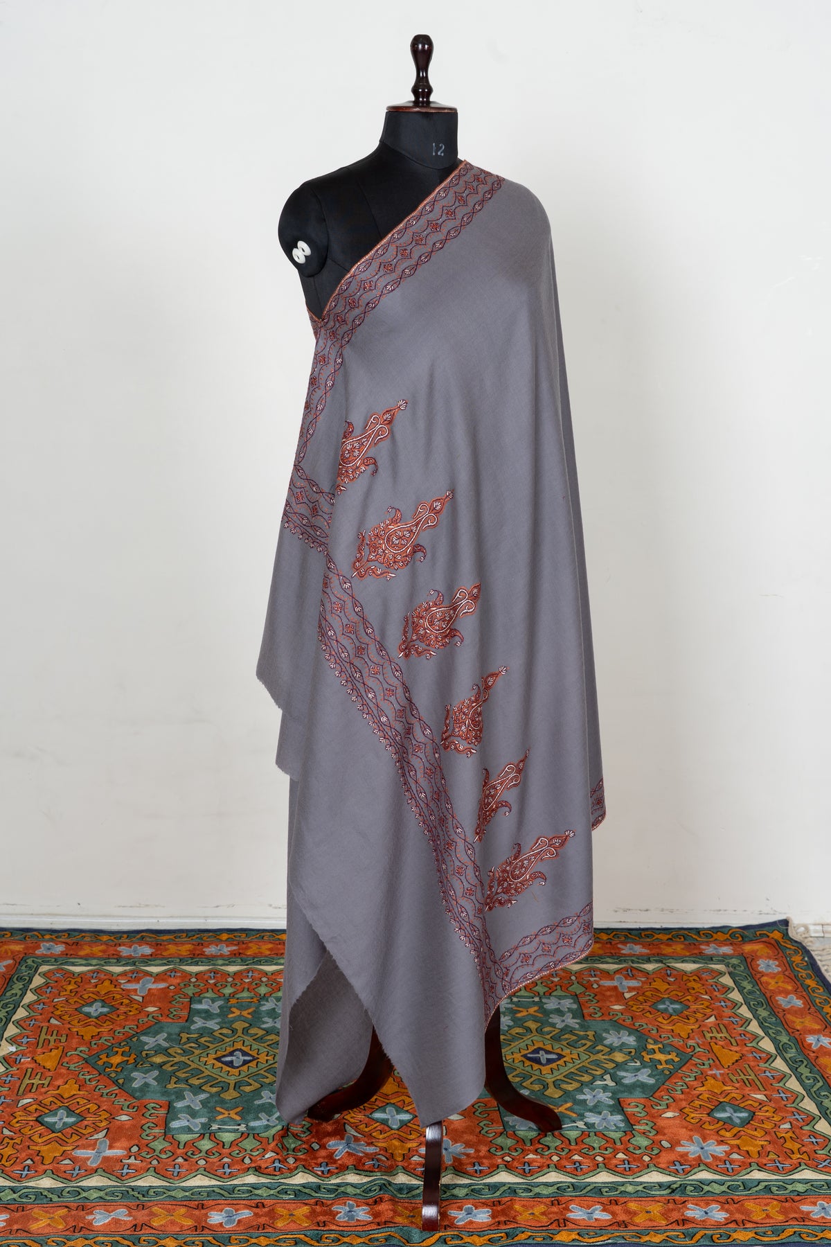 Silver Ash Fine Merino Wool Shawl with Rust Sozni Hand Embroidered Paisley Borders