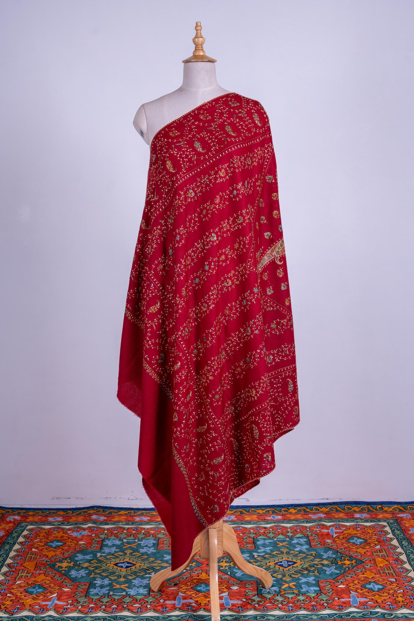 Crimson Splendor - Merino Wool Shawl with All-Over Hand-Embroidered Sozni Design