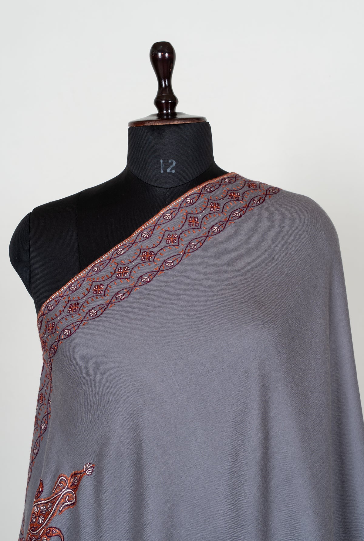 Silver Ash Fine Merino Wool Shawl with Rust Sozni Hand Embroidered Paisley Borders