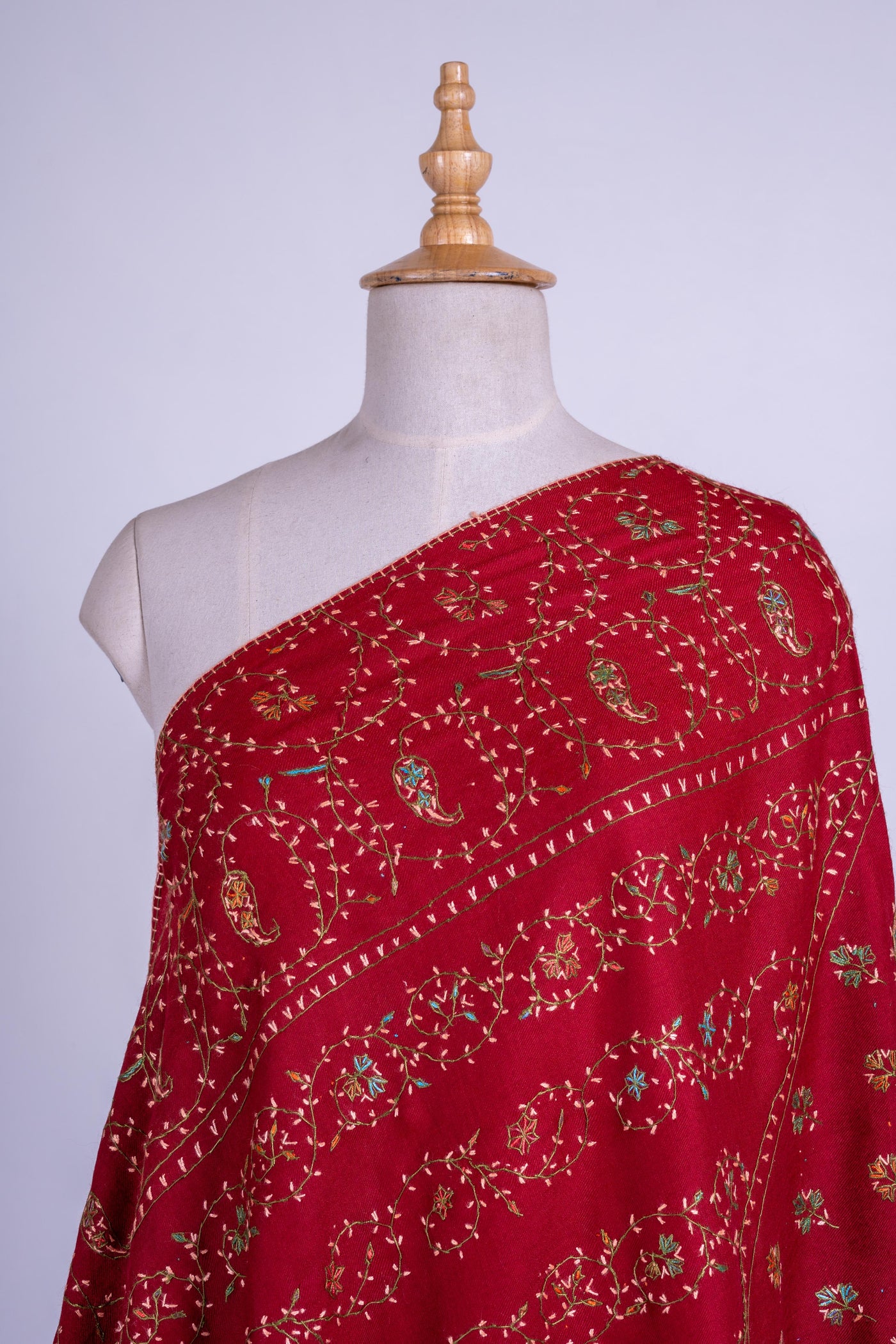 Crimson Splendor - Merino Wool Shawl with All-Over Hand-Embroidered Sozni Design