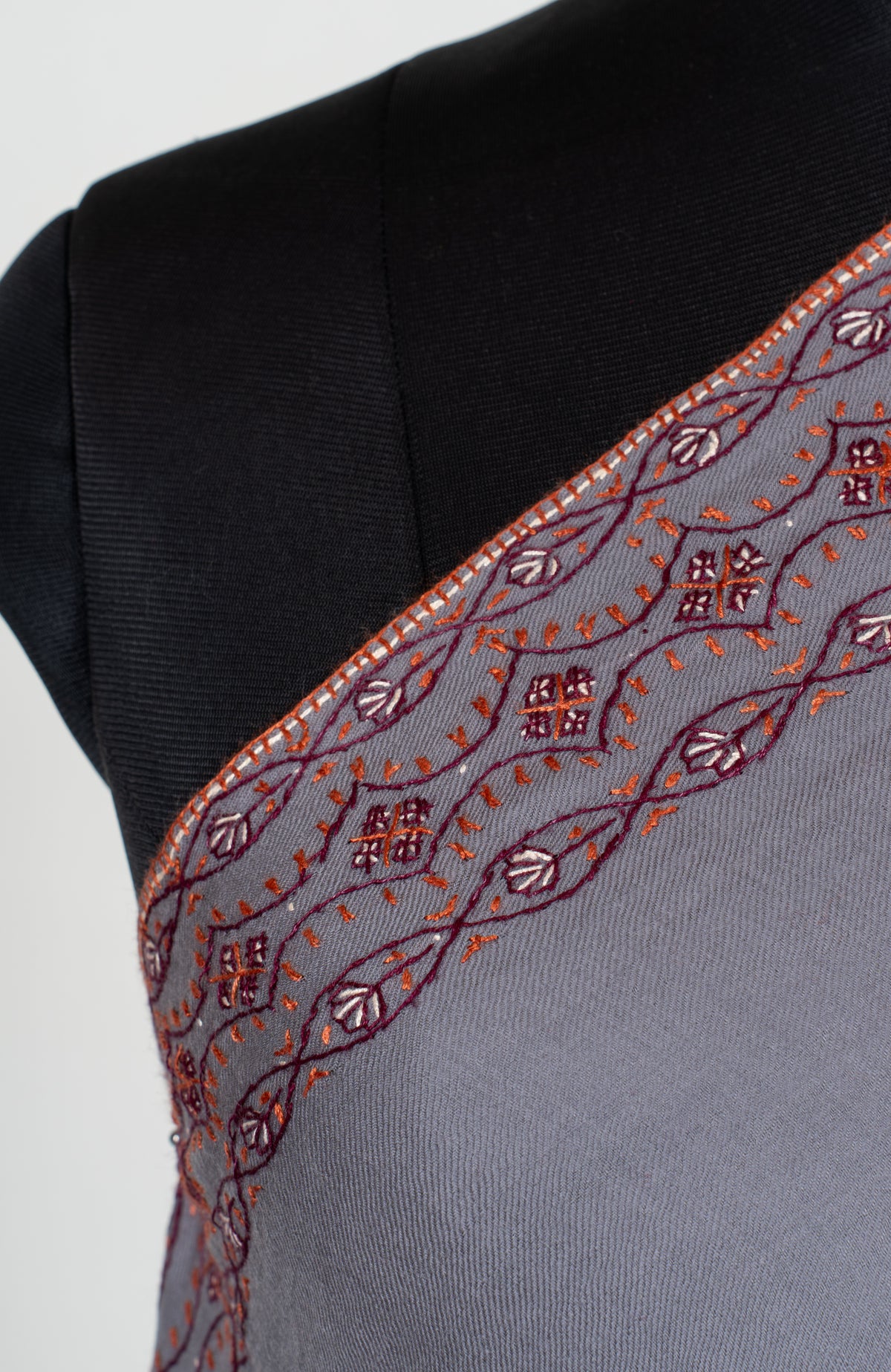 Silver Ash Fine Merino Wool Shawl with Rust Sozni Hand Embroidered Paisley Borders