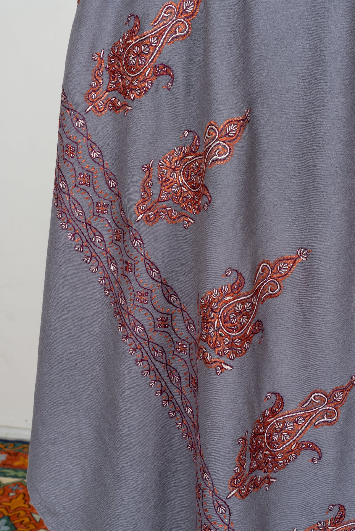 Silver Ash Fine Merino Wool Shawl with Rust Sozni Hand Embroidered Paisley Borders