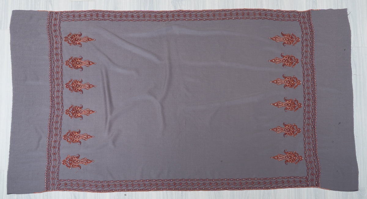 Silver Ash Fine Merino Wool Shawl with Rust Sozni Hand Embroidered Paisley Borders