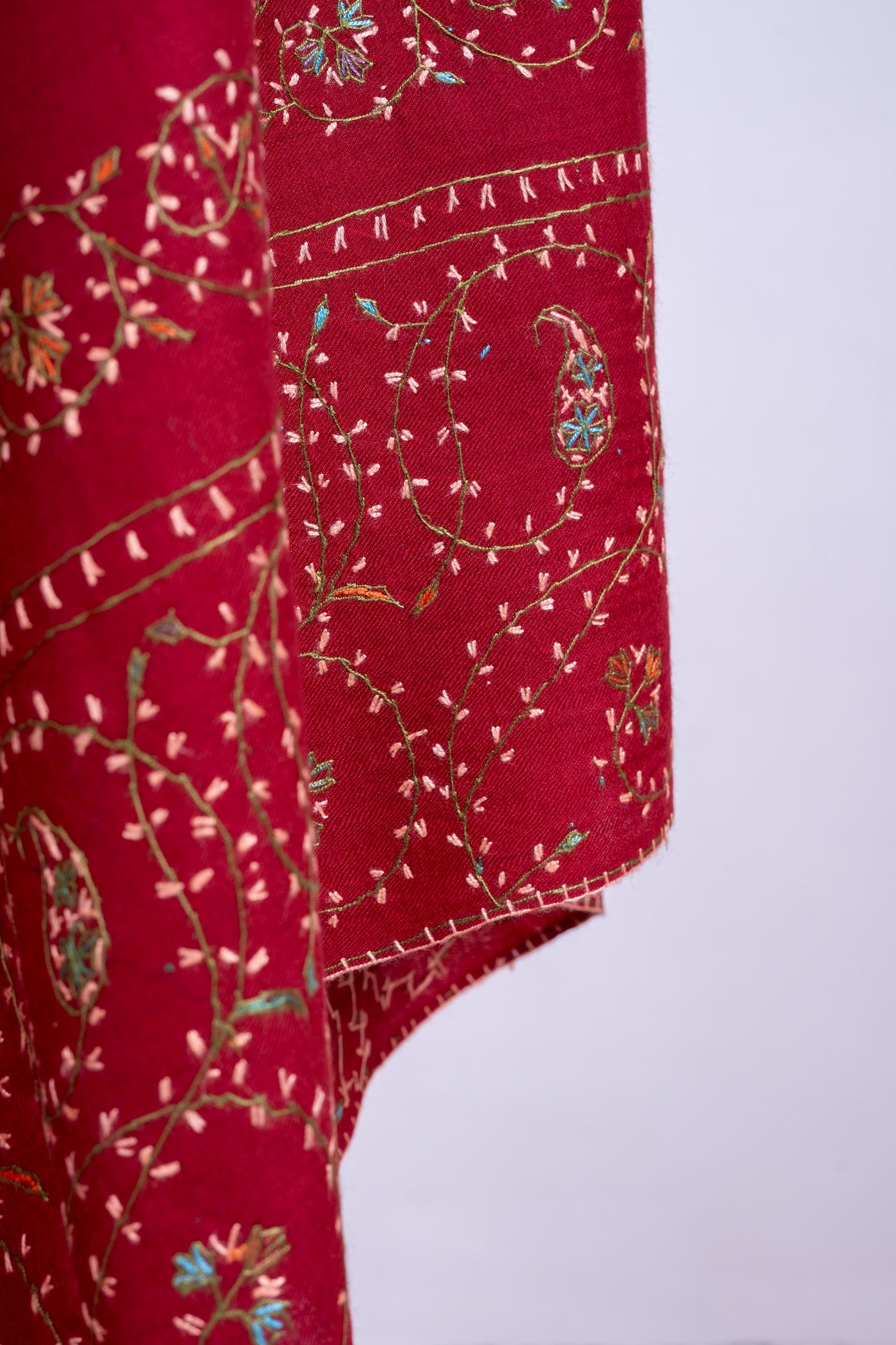 Crimson Splendor - Merino Wool Shawl with All-Over Hand-Embroidered Sozni Design