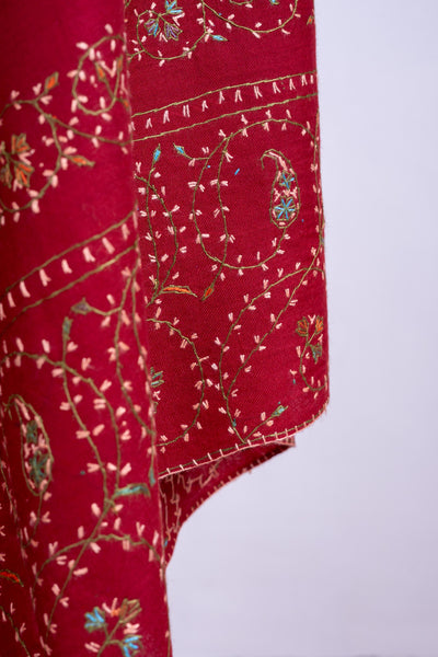 Crimson Splendor - Merino Wool Shawl with All-Over Hand-Embroidered Sozni Design