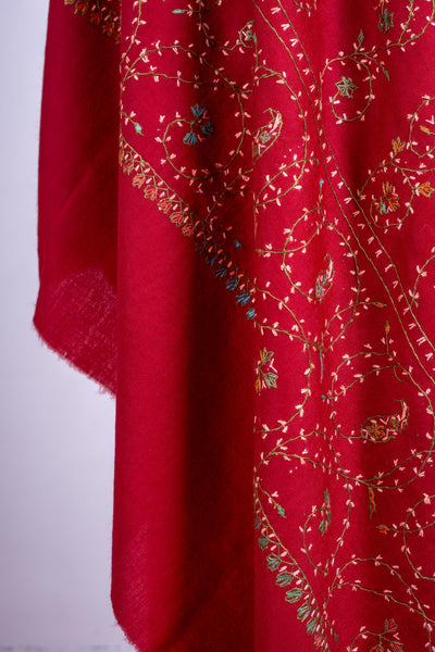 Crimson Splendor - Merino Wool Shawl with All-Over Hand-Embroidered Sozni Design