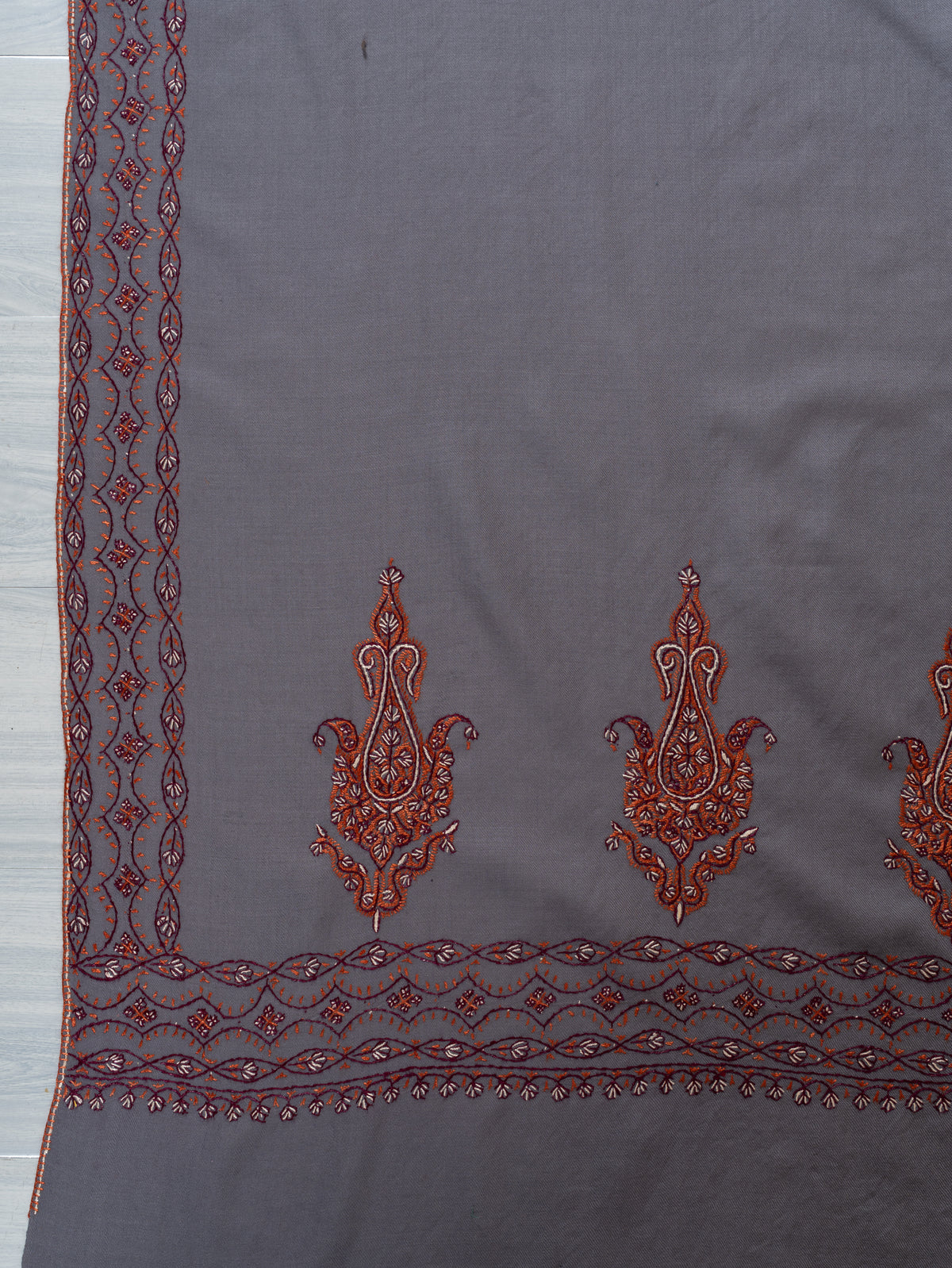 Silver Ash Fine Merino Wool Shawl with Rust Sozni Hand Embroidered Paisley Borders