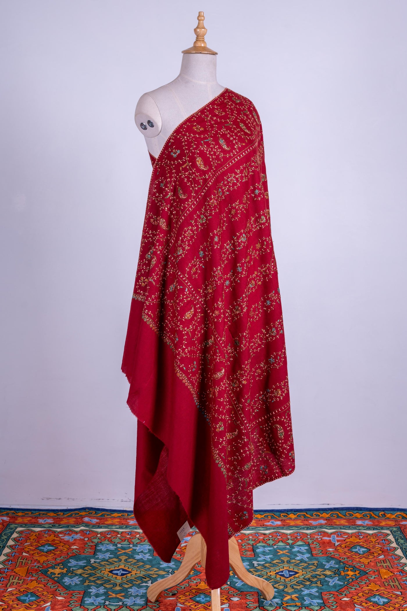 Crimson Splendor - Merino Wool Shawl with All-Over Hand-Embroidered Sozni Design