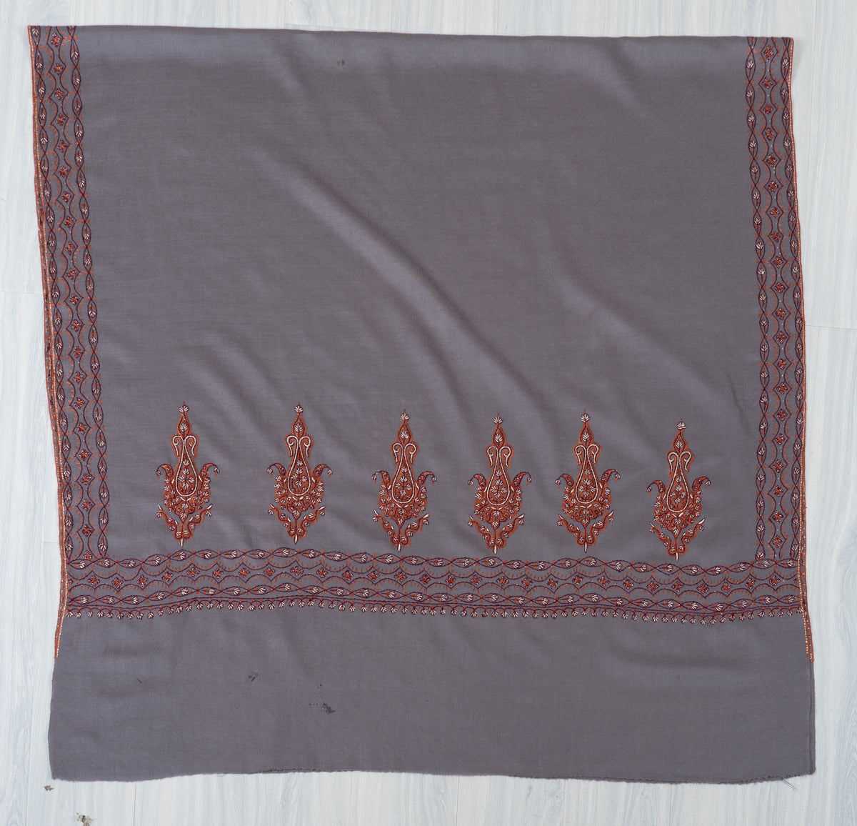 Silver Ash Fine Merino Wool Shawl with Rust Sozni Hand Embroidered Paisley Borders