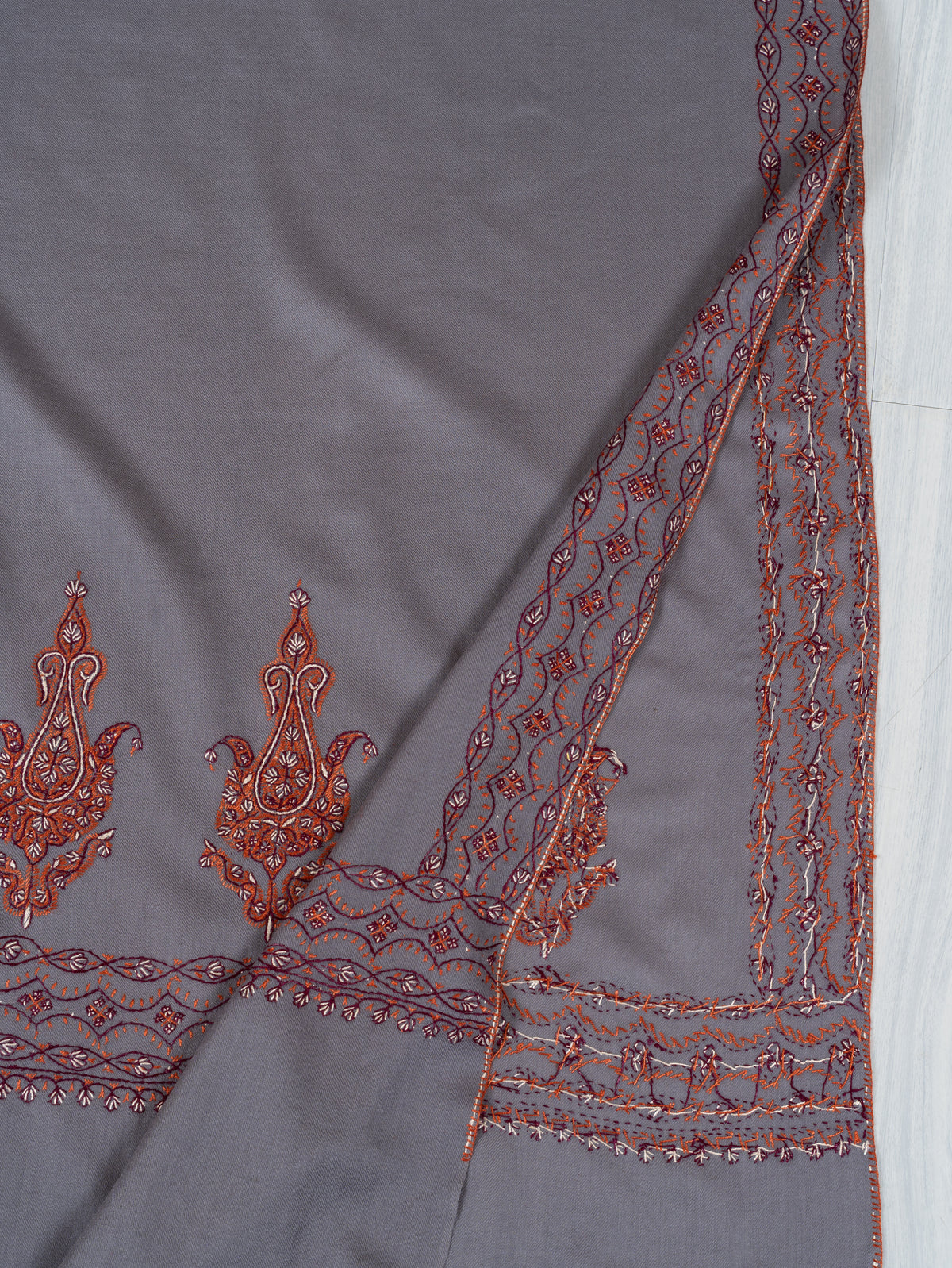 Silver Ash Fine Merino Wool Shawl with Rust Sozni Hand Embroidered Paisley Borders