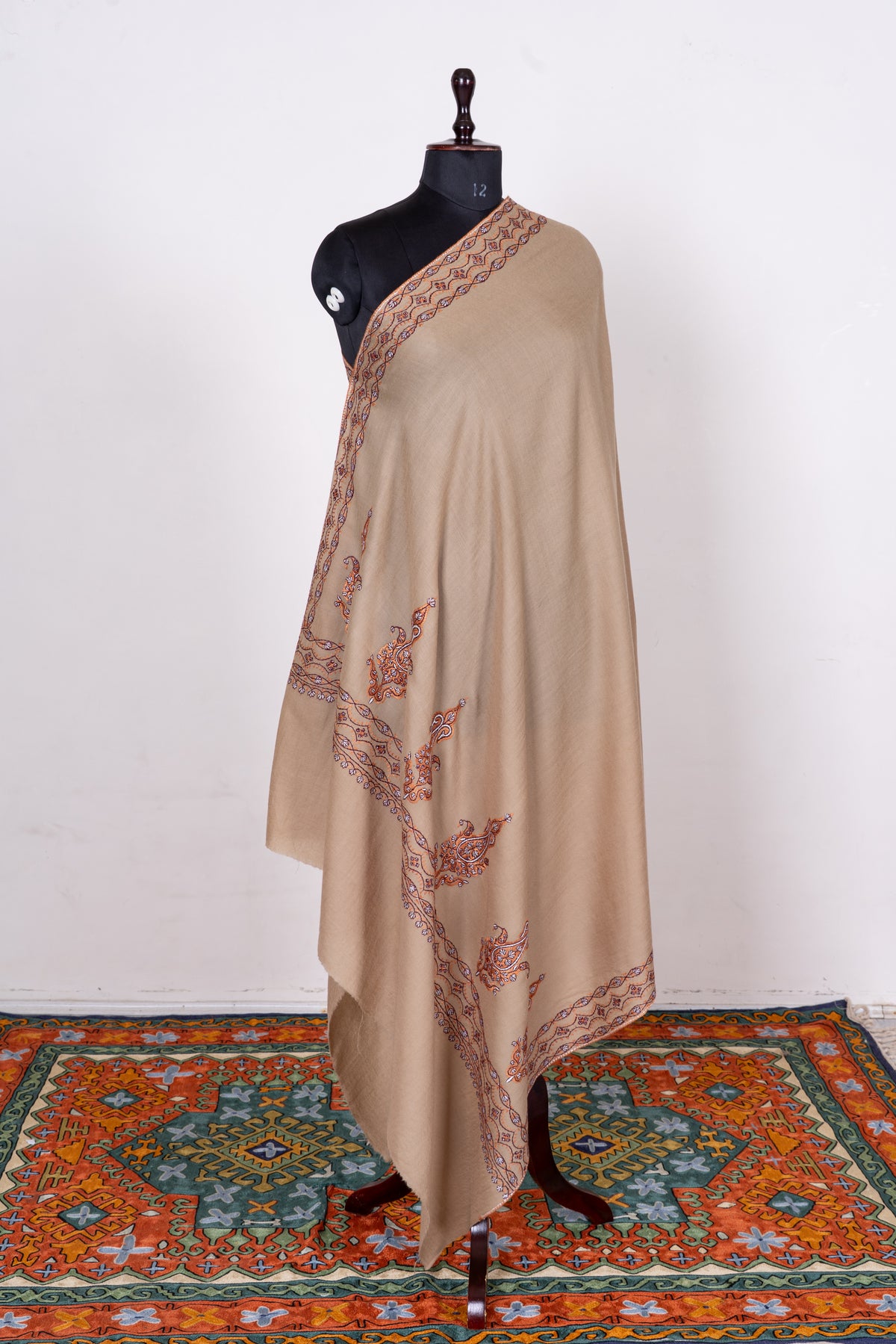 Desert Copper Fine Merino Wool Shawl with Sozni Hand Embroidered Ornamental Paisleys