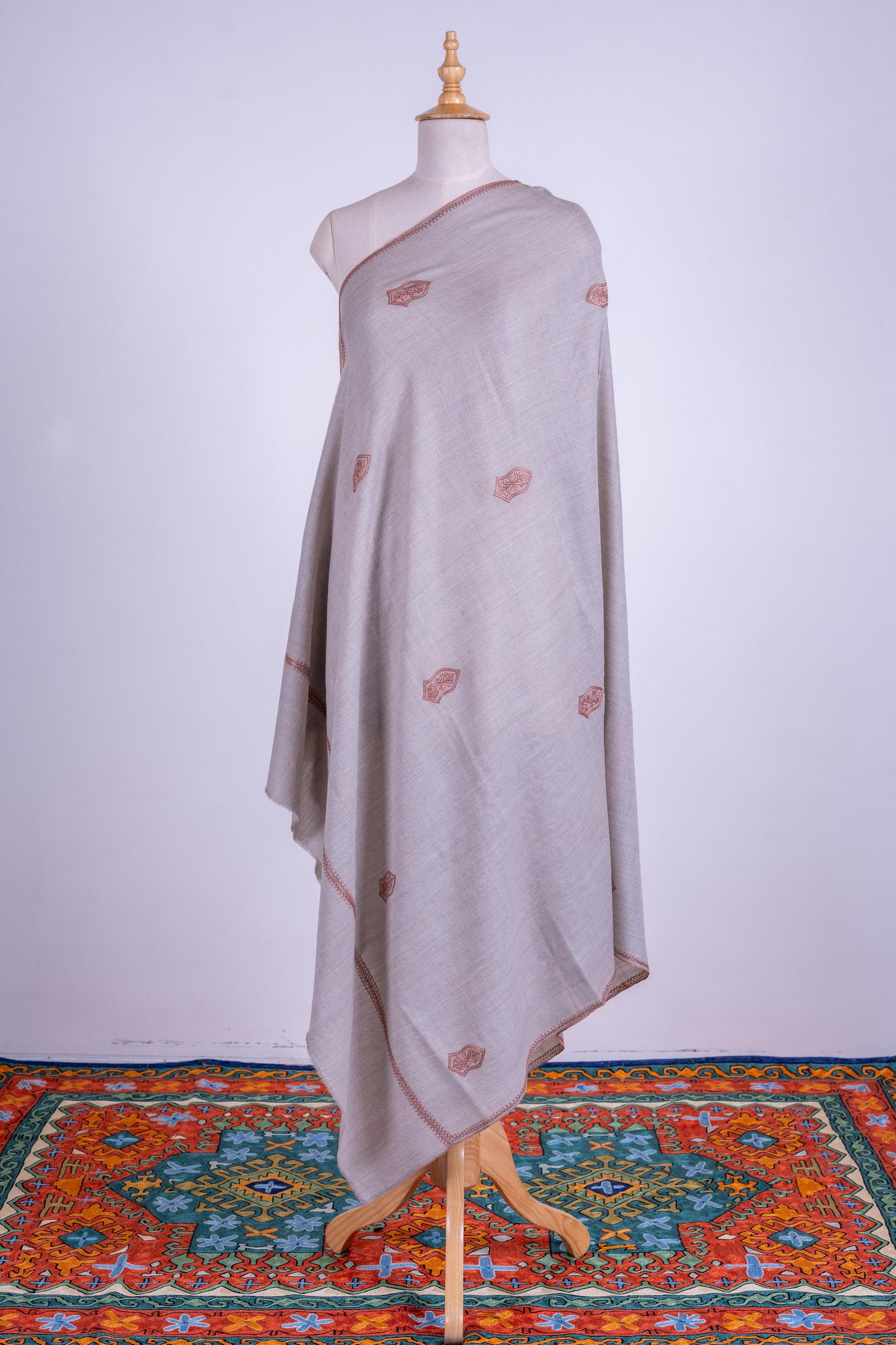 Slate Elegance - Merino Wool Shawl with Hand-Embroidered Sozni Motifs