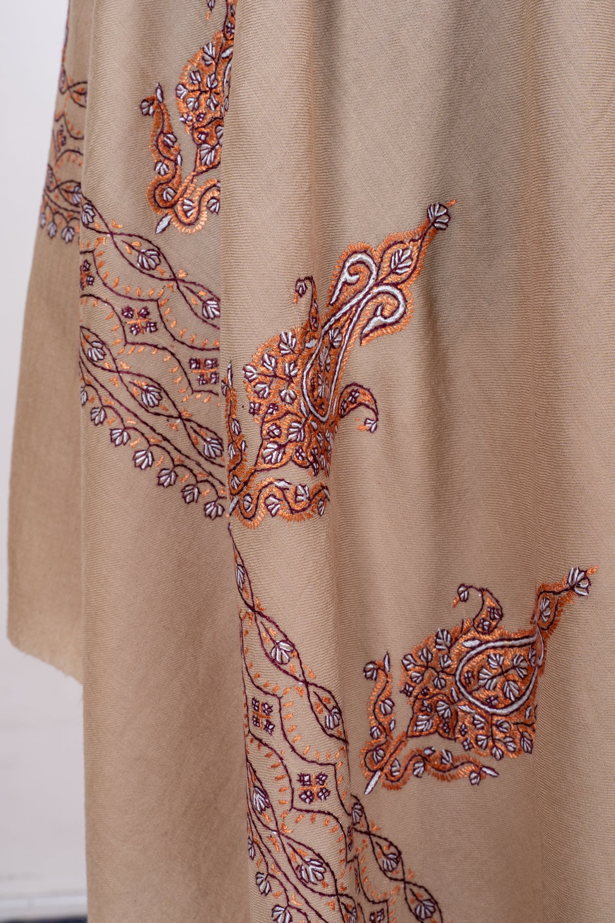 Desert Copper Fine Merino Wool Shawl with Sozni Hand Embroidered Ornamental Paisleys
