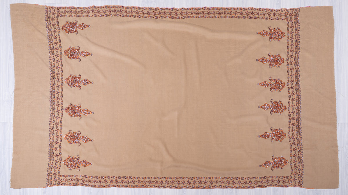 Desert Copper Fine Merino Wool Shawl with Sozni Hand Embroidered Ornamental Paisleys