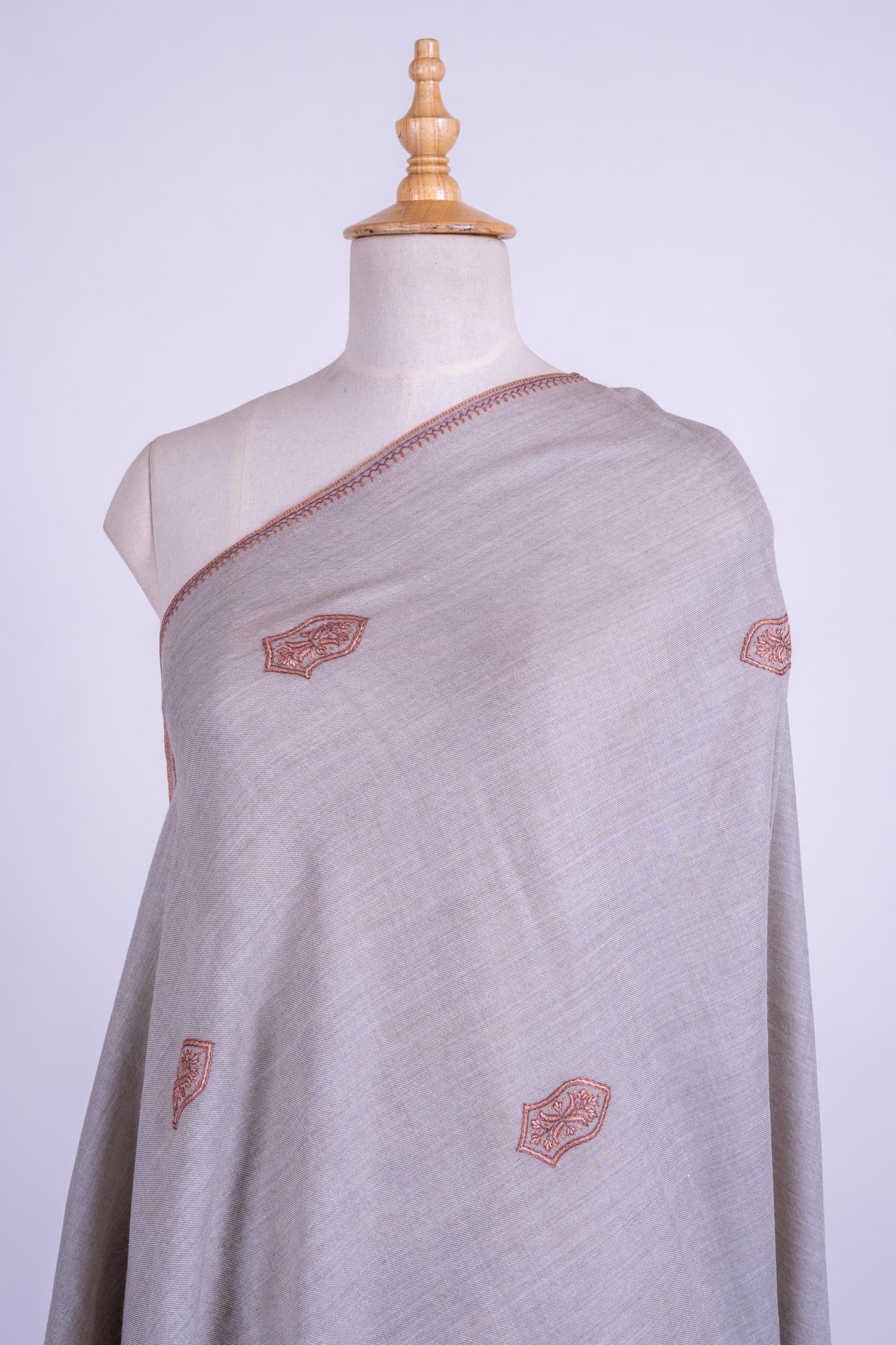 Slate Elegance - Merino Wool Shawl with Hand-Embroidered Sozni Motifs