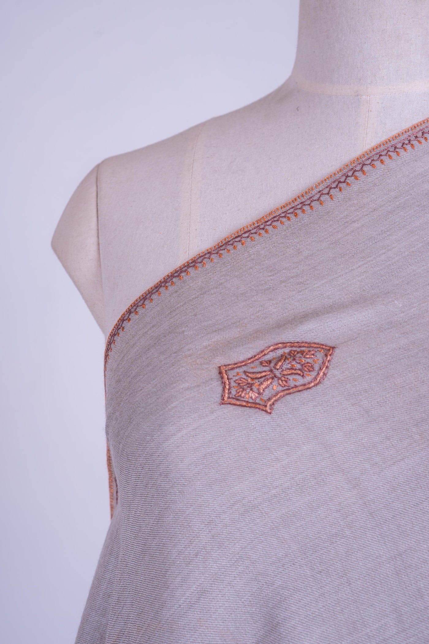 Slate Elegance - Merino Wool Shawl with Hand-Embroidered Sozni Motifs