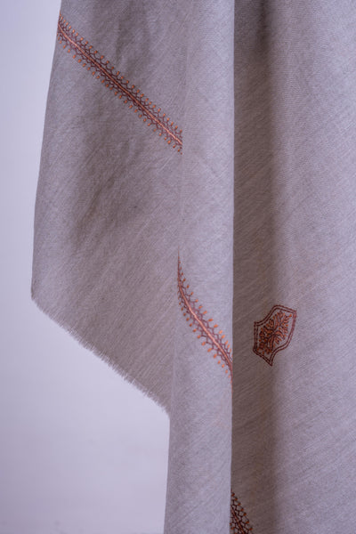 Slate Elegance - Merino Wool Shawl with Hand-Embroidered Sozni Motifs