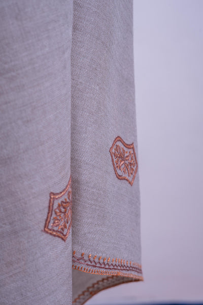 Slate Elegance - Merino Wool Shawl with Hand-Embroidered Sozni Motifs