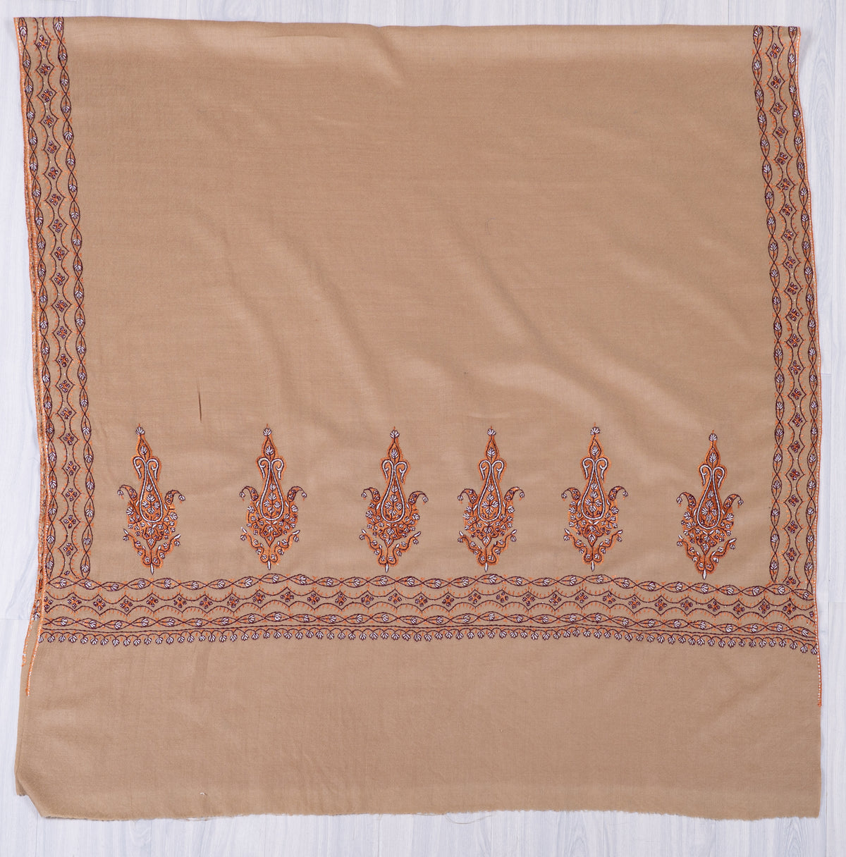 Desert Copper Fine Merino Wool Shawl with Sozni Hand Embroidered Ornamental Paisleys