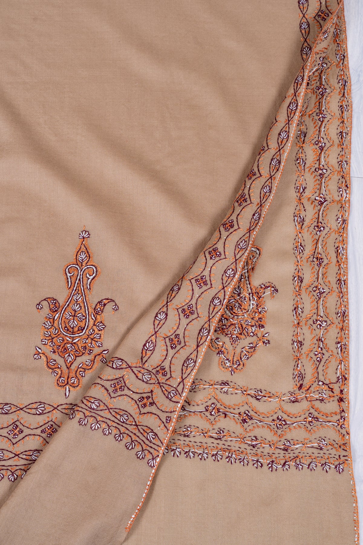 Desert Copper Fine Merino Wool Shawl with Sozni Hand Embroidered Ornamental Paisleys