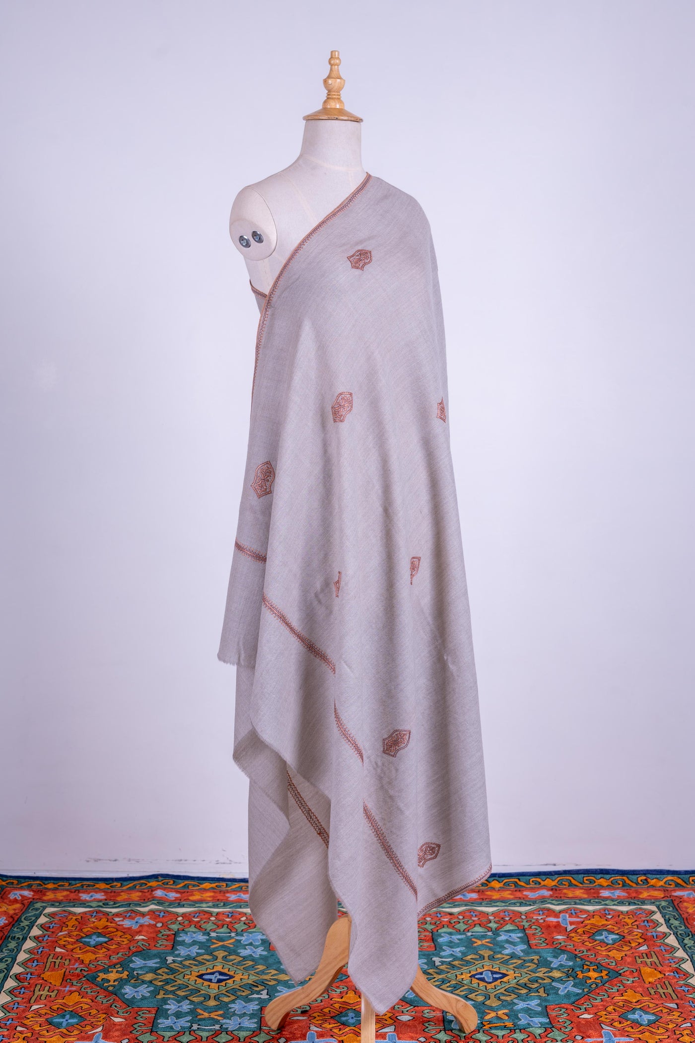 Slate Elegance - Merino Wool Shawl with Hand-Embroidered Sozni Motifs